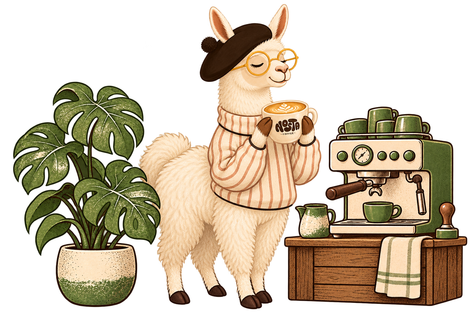 Nosta llama with beret and glasses holding a latte beside the original green plant and coffee machine